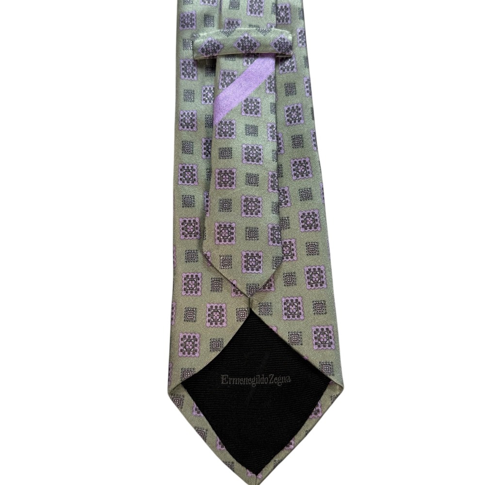 Ermenegildo Zegna Mens Silk Tie Sage Green Lavender Geometric Medallion Italy